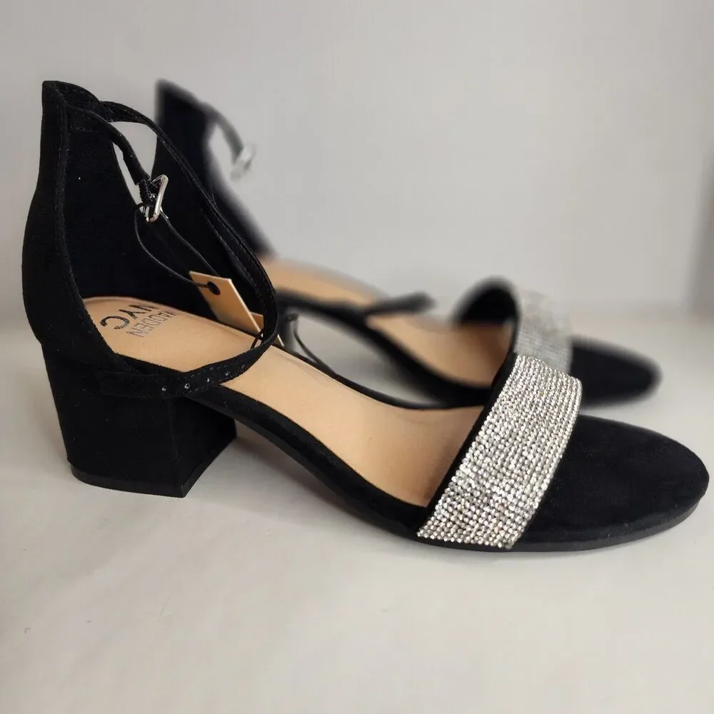 NIB MADDEN NYC WOMENS BLACK SZ 9 RHINESTONE ILLIE CITY BLOCK HEEL STRAPPY SANDAL